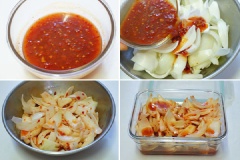 Hòa tan 2 muỗng canh đường trắng, 150ml giấm, 120gr tương ớt trong tô. Cho hành tây vào, trộn đều.