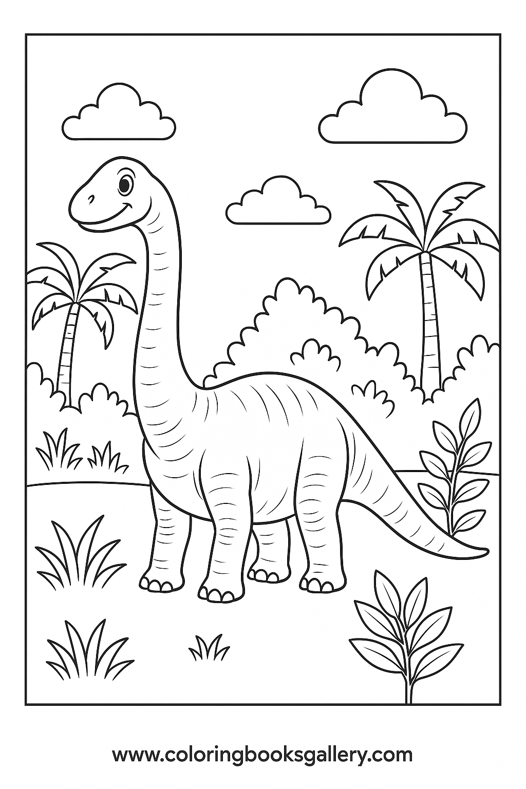 Cute Brachiosaurus In The Jungle Coloring Page For Kids – free coloring page for kids