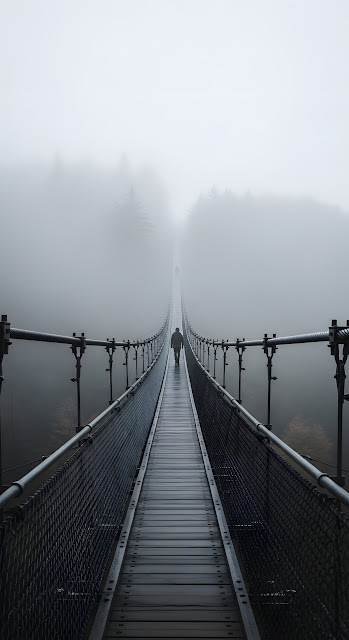 Foggy Suspension Bridge Silhouette Moody Forest Crossing - Free mobile Wallpaper