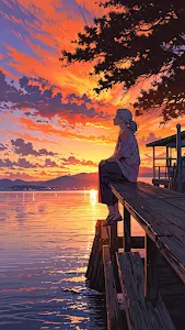 Anime Sunset Serenity on Wooden Pier Dockside View