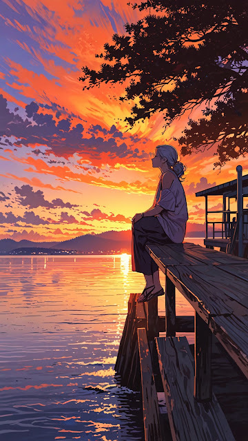 Anime Sunset Serenity on Wooden Pier Dockside View - Free mobile Wallpaper