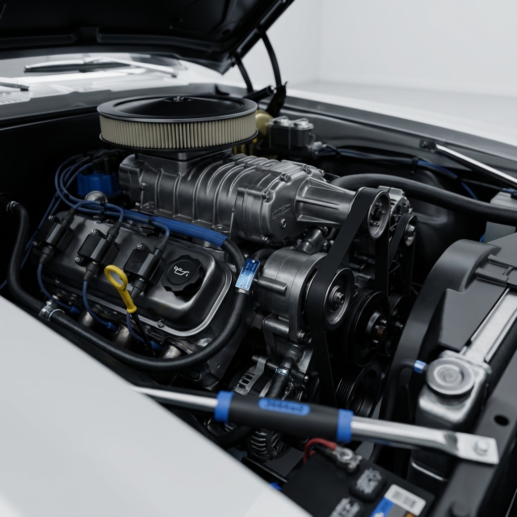 Close up of Camaro V8 engine bay with supercharger components highlighting maintenance points camaros for sale