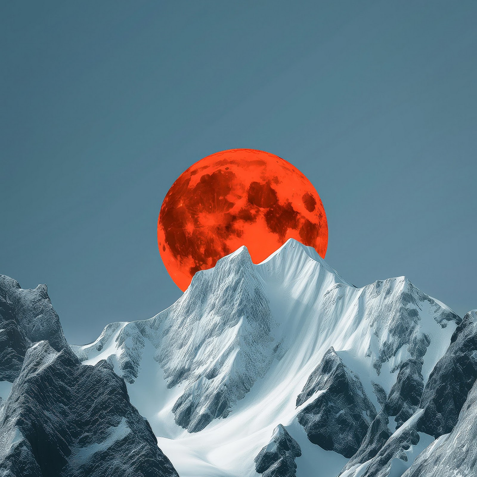 Download Mountain Landscape, Red Moon, Snow Peak, Winter Scenery iPhone