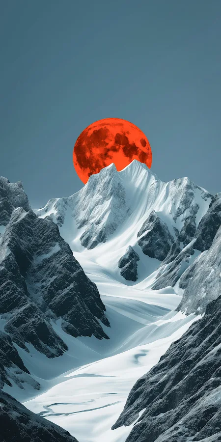 Mountain Landscape, Red Moon, Snow Peak, Winter Scenery iPhone Phone Wallpaper