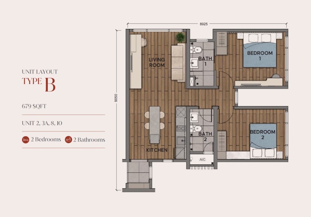Aurum Business Centre (Suites) Type B floor plan — 679 sq ft, 2 bedrooms