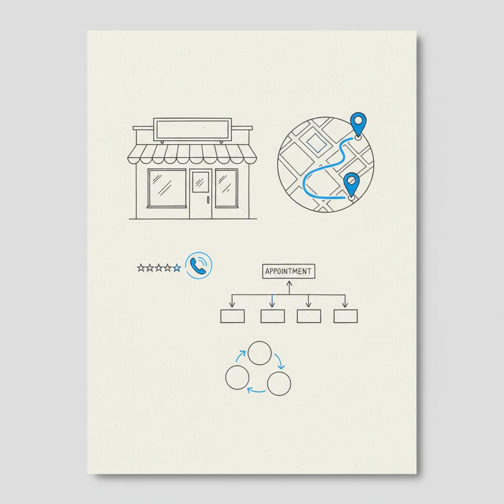 Notebook-style sketch of a local storefront, highlighted route map and review/phone icons illustrating Google Business Profile planning in minimalist brand colors.