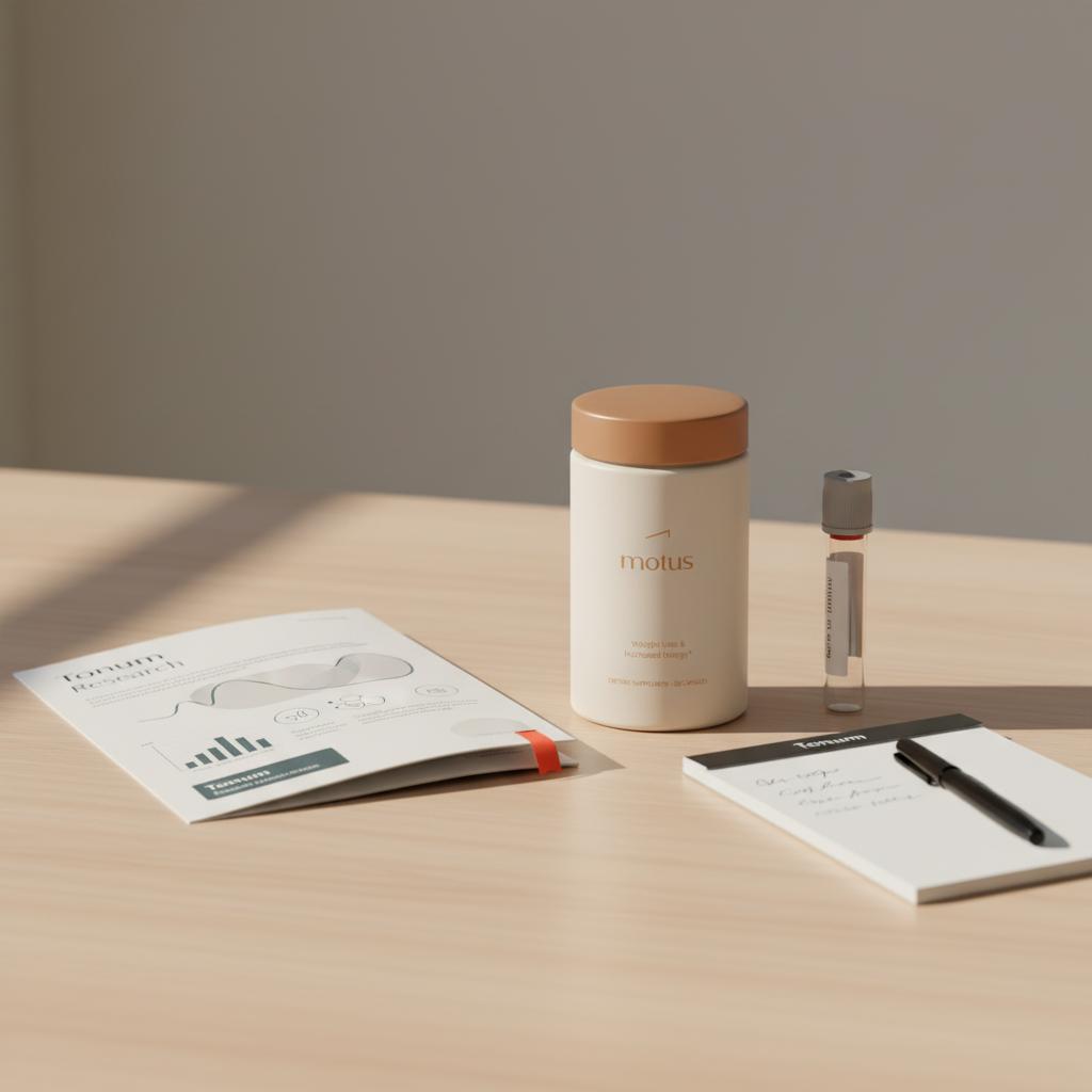 Tonum research brochure next to the product, a clinical blood vial and notepad on a light wooden table, illustrating vitamin D dementia risk research