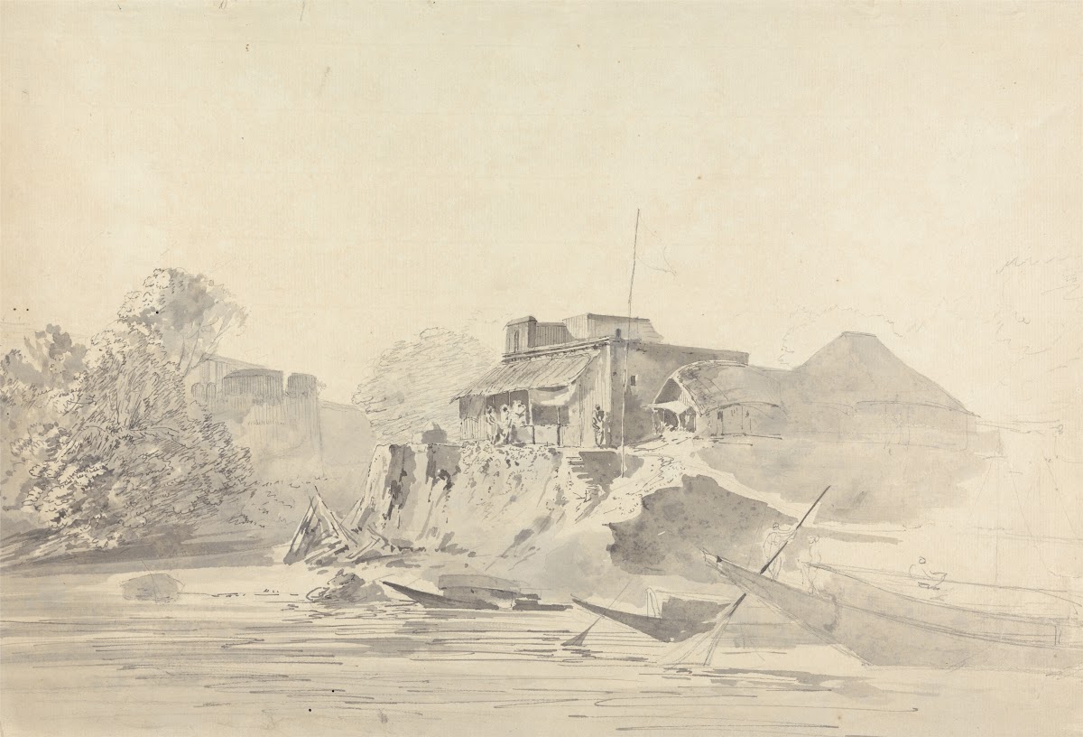 River Scene with Native Buildings