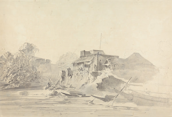 River Scene with Native Buildings