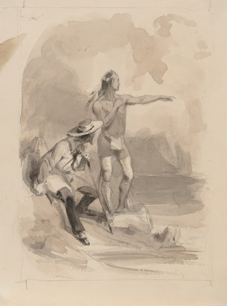 Native American and sailor looking out to sea