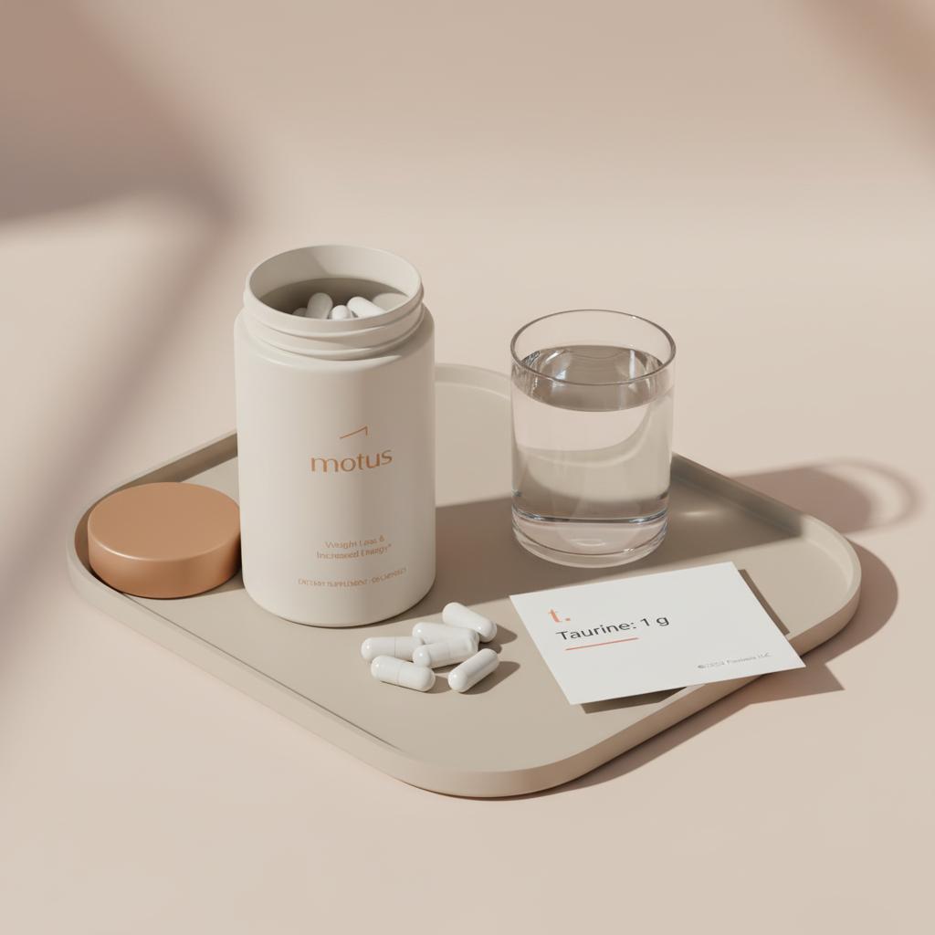 Minimalist clinical photo of Tonum supplement jar open with white capsules on a beige tray, glass of water and printed note reading 'Taurine: 1 g' — taurine side effects