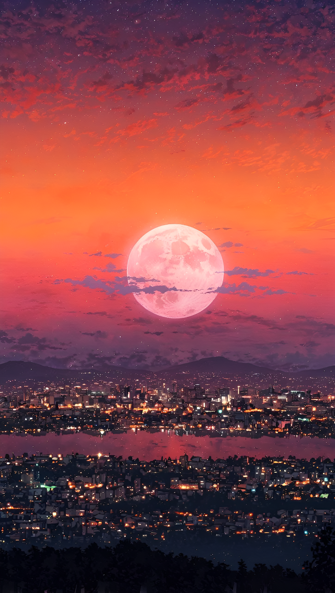 Vibrant Cityscape Under Huge Pink Moon and Sunset Sky - Free 4K mobile Wallpaper