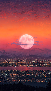 Vibrant Cityscape Under Huge Pink Moon and Sunset Sky