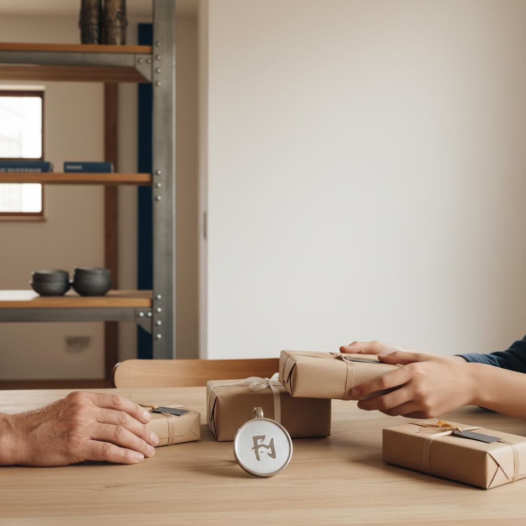 Nahaufnahme eines Holz-Esstisches mit dezent verpackten Geschenken und graviertem Metallanhänger, Hände tauschen Geschenke aus – weihnachtsgeschenke senioren