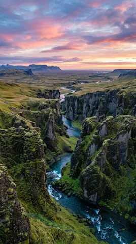 Aerial View of Fjaðrárgljúfur Canyon at Twilight