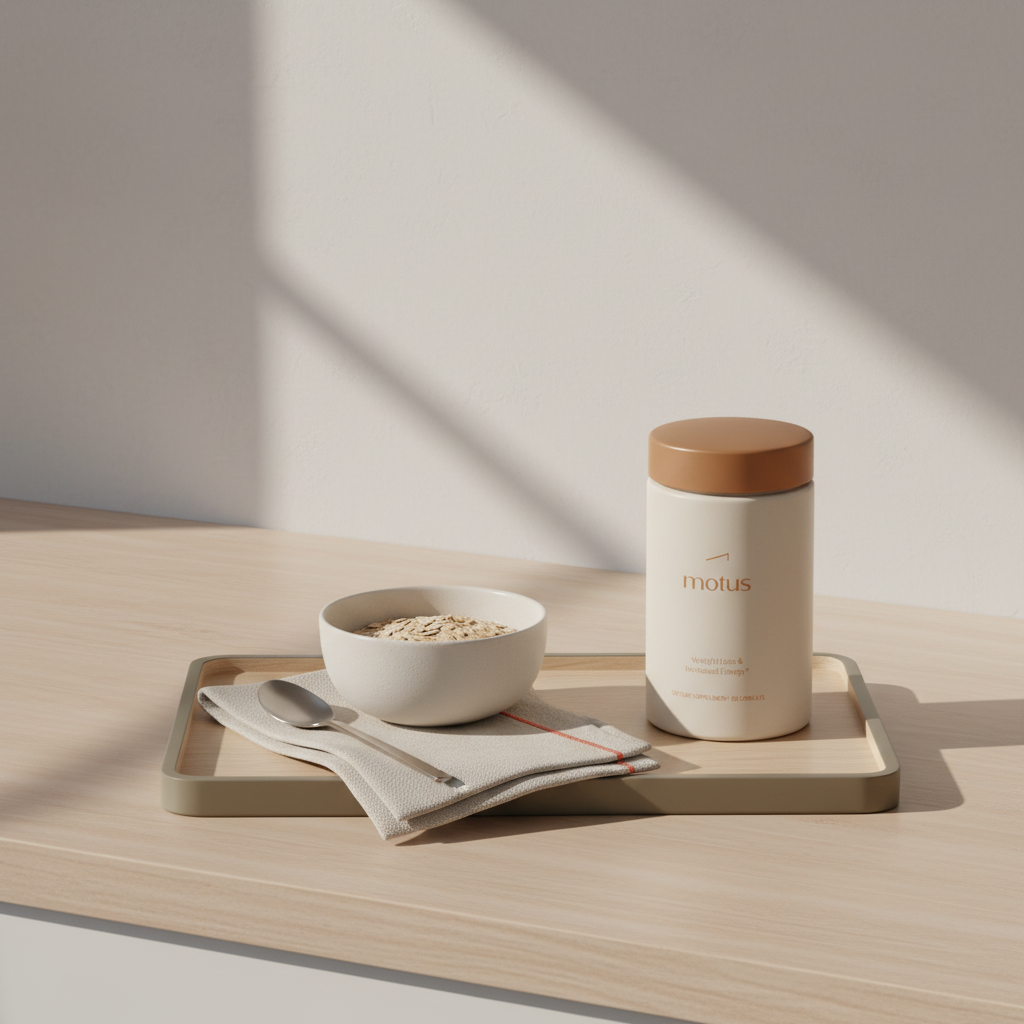 what over-the-counter works like Ozempic: minimalist kitchen scene with Tonum Motus bottle beside a breakfast tray of oats, spoon and folded napkin in soft morning light
