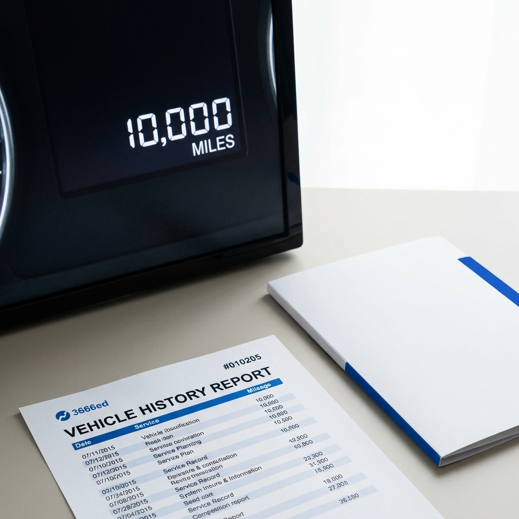 Close up of vehicle odometer next to a service record folder and a printed vehicle history report on a white background minimalist CarFax Deals style edmonds auto values