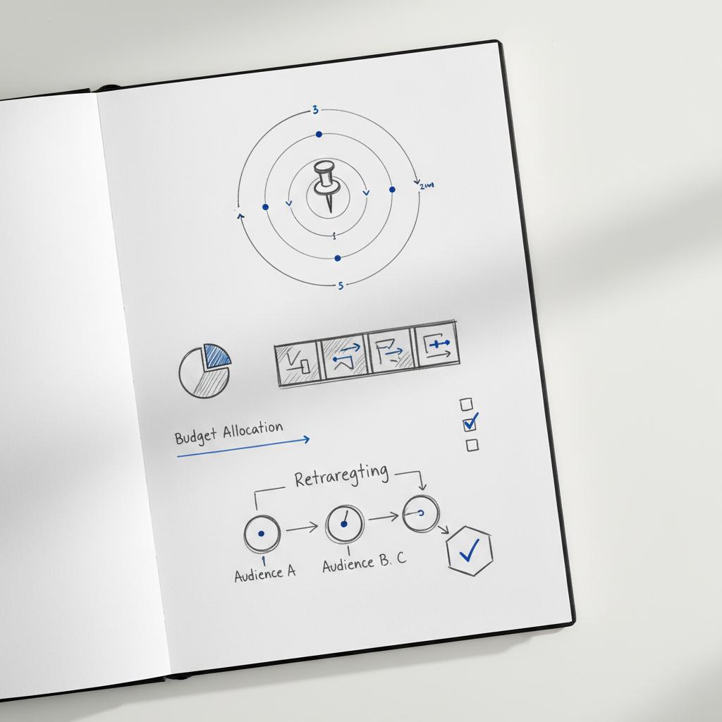 Notebook sketches of geotargeting map, 6-second video storyboard, and retargeting flow illustrating planning for digital ads &mdash; What are the benefits of meta ads?