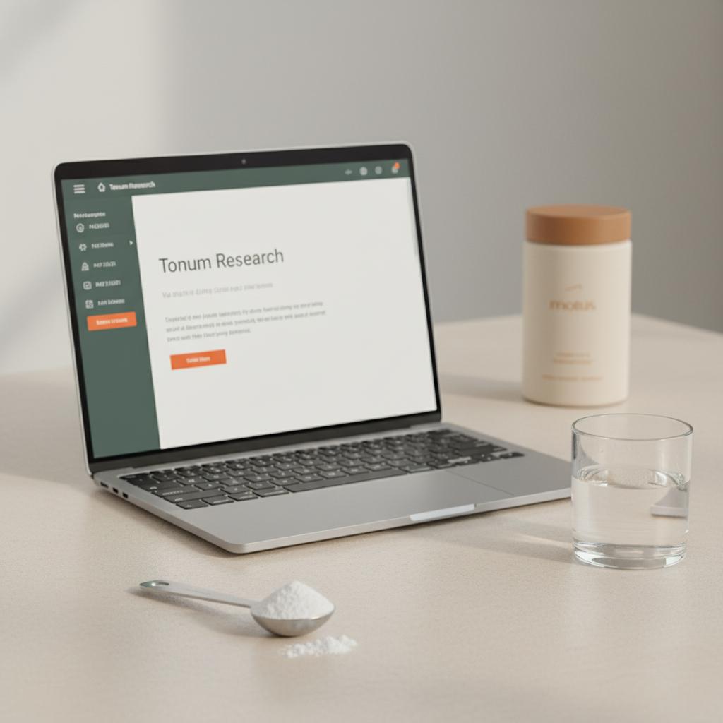Laptop with Tonum research page, glass of water and a small measuring spoon of taurine powder with Tonum product jar blurred in background — how long does taurine take to work