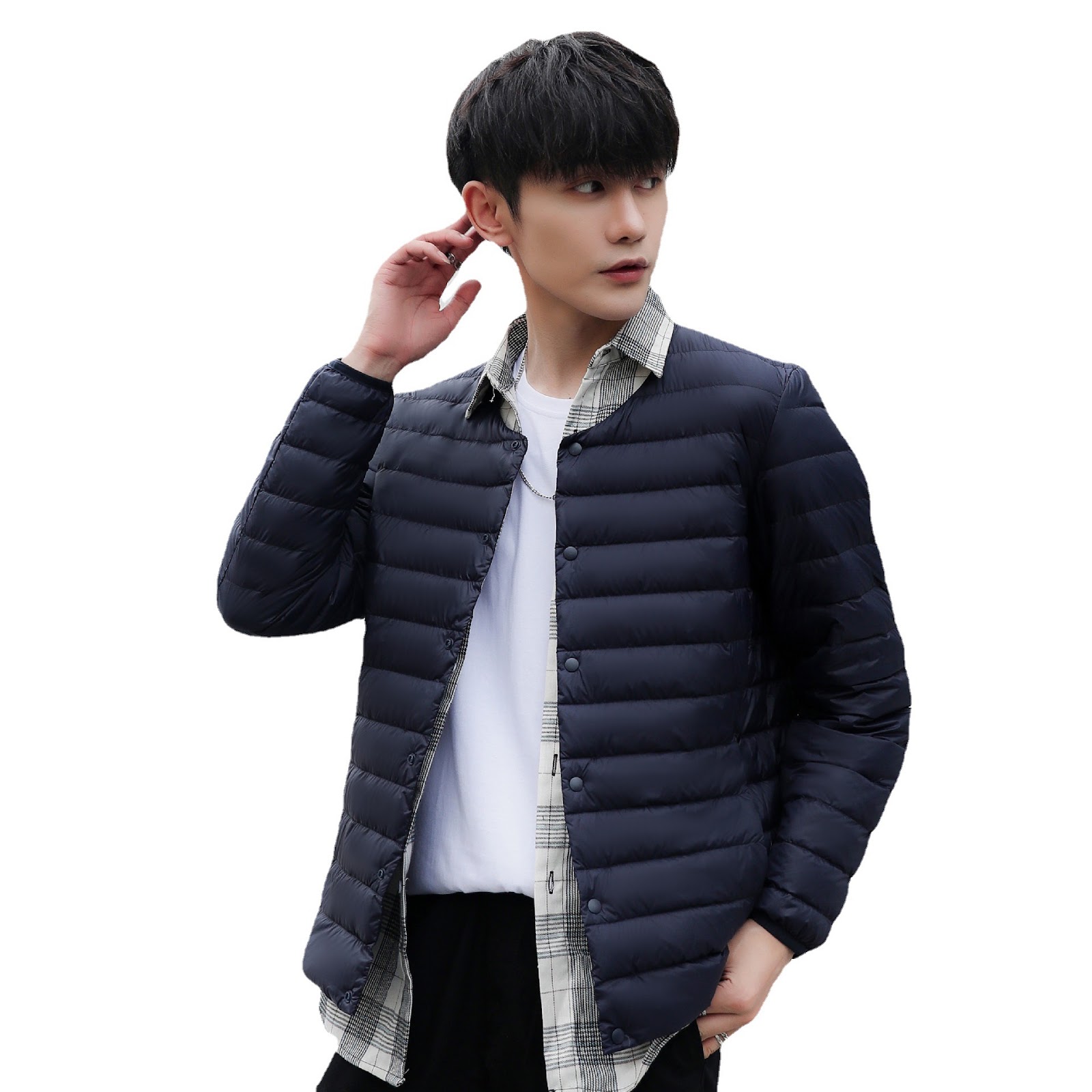 Lightweight men's down jacket, V-neck or round neck