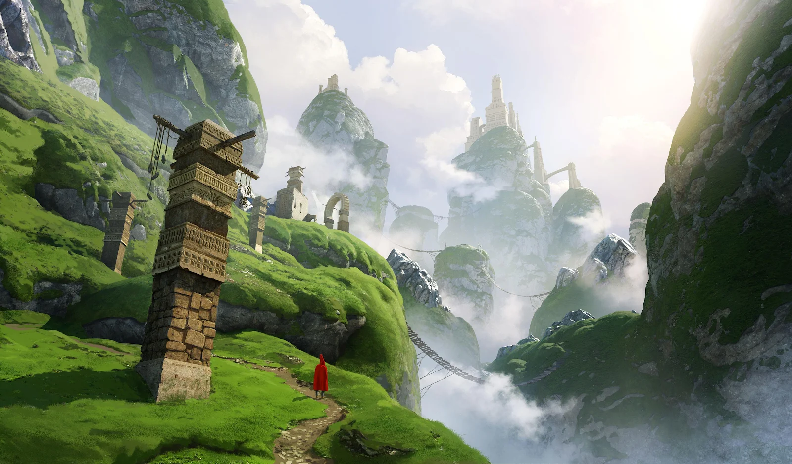 Red Wanderer In Mountain Ruins - Digital Fantasy Art 4K Wallpaper (3840x2250)