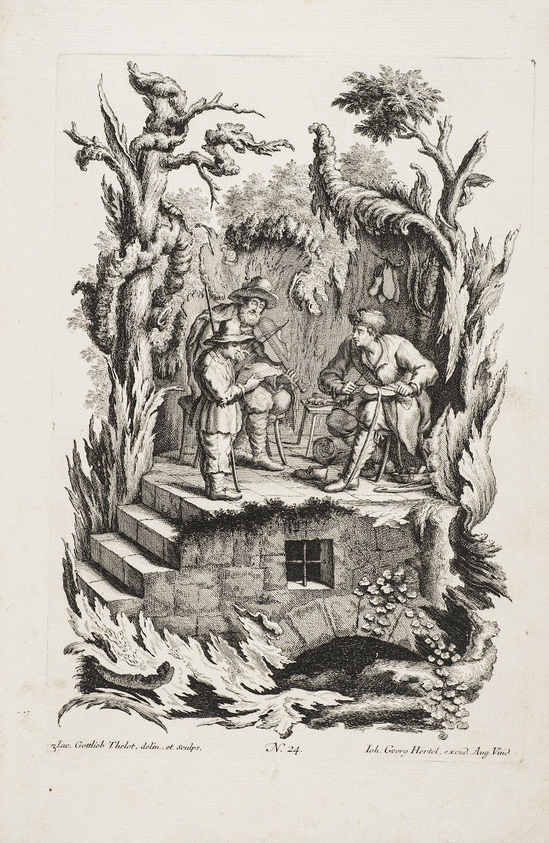 Depiction of a violinist a shoemaker and a walker 1730 1768