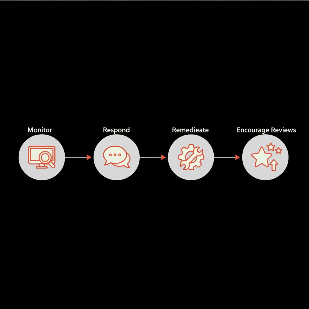 Minimal 2D vector workflow infographic showing four icons connected by arrows for monitor, respond, remediate, encourage reviews in Social Success Hub colors for bad review