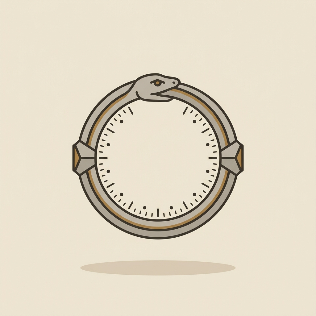 Minimalist 2D vector detail of an ouroboros snake ring bezel shoulders and inner band with measurement scale on warm beige background in Aurora Antiqua aesthetic