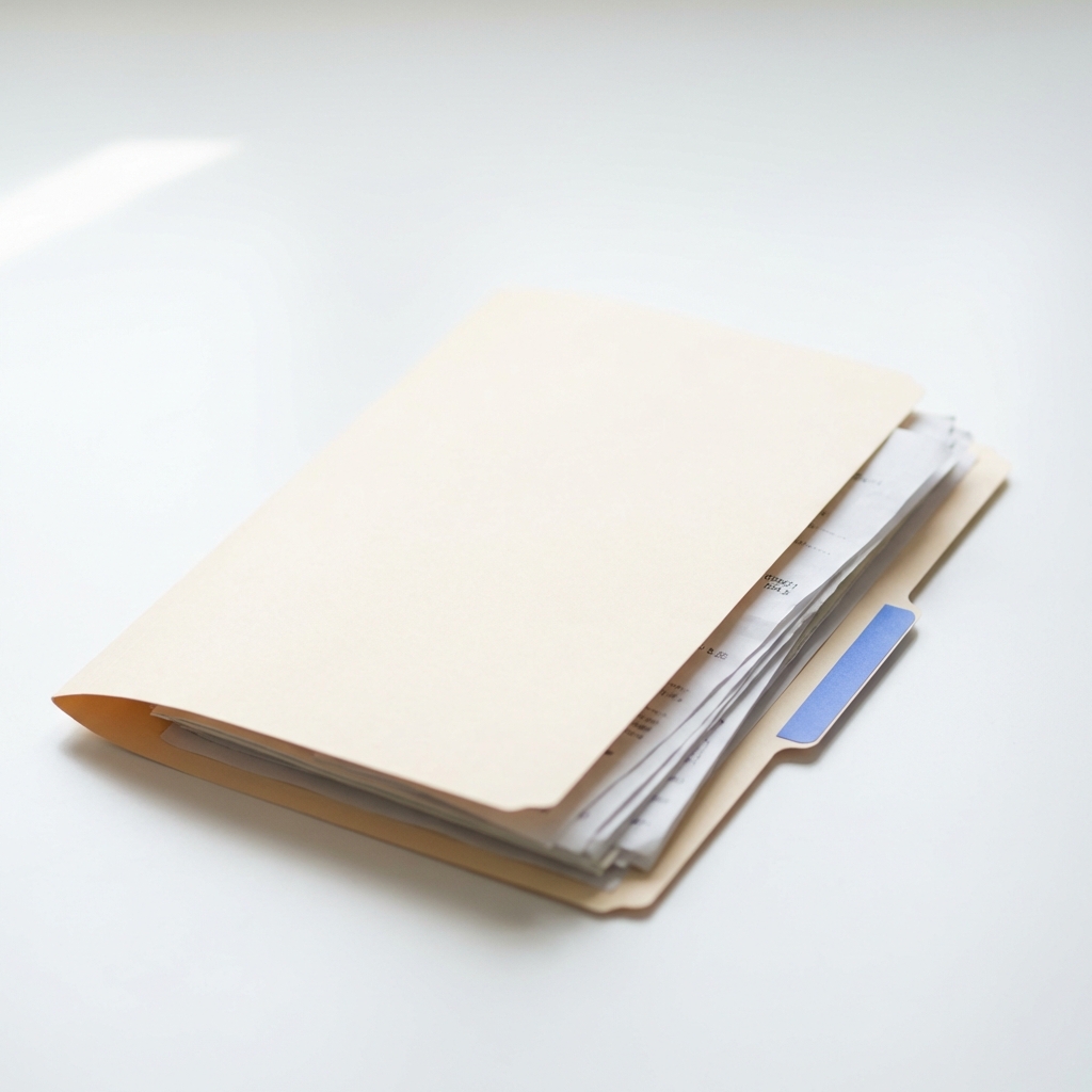 Close up photo of car odometer VIN sticker and neat maintenance receipts folder on white table with blue brand accent tab indicating KBB fair market value