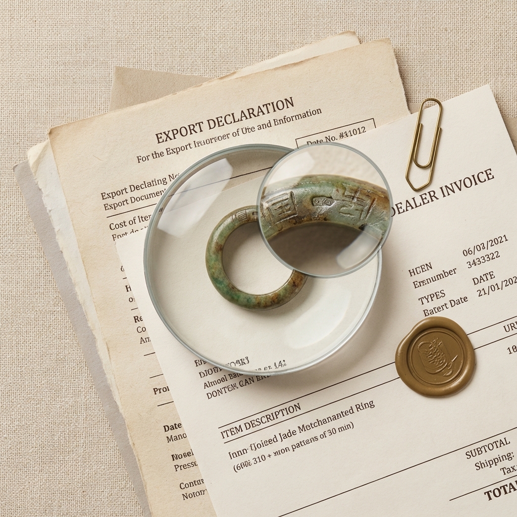Flatlay of export paperwork and dealer invoice with magnified bezel detail of an ancient jade ring highlighting provenance checks