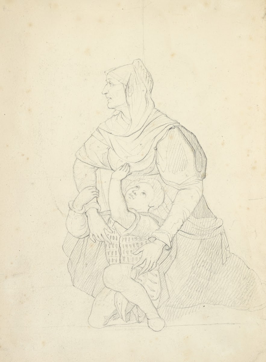 Woman in head piece and dress with shawl with boy in doublet and breeches 1840