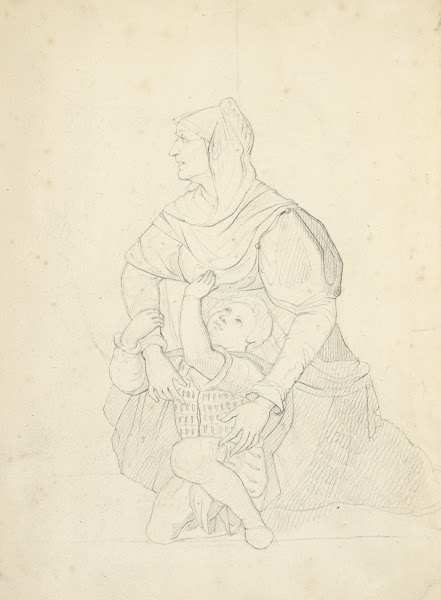 Woman in head piece and dress with shawl with boy in doublet and breeches 1840