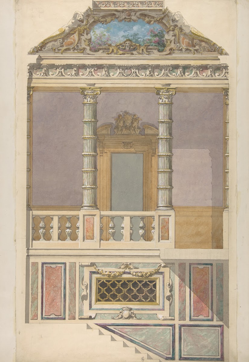 Elevation of an Italianate interior including steps and an upper loggia decorate