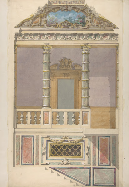 Elevation of an Italianate interior including steps and an upper loggia decorate