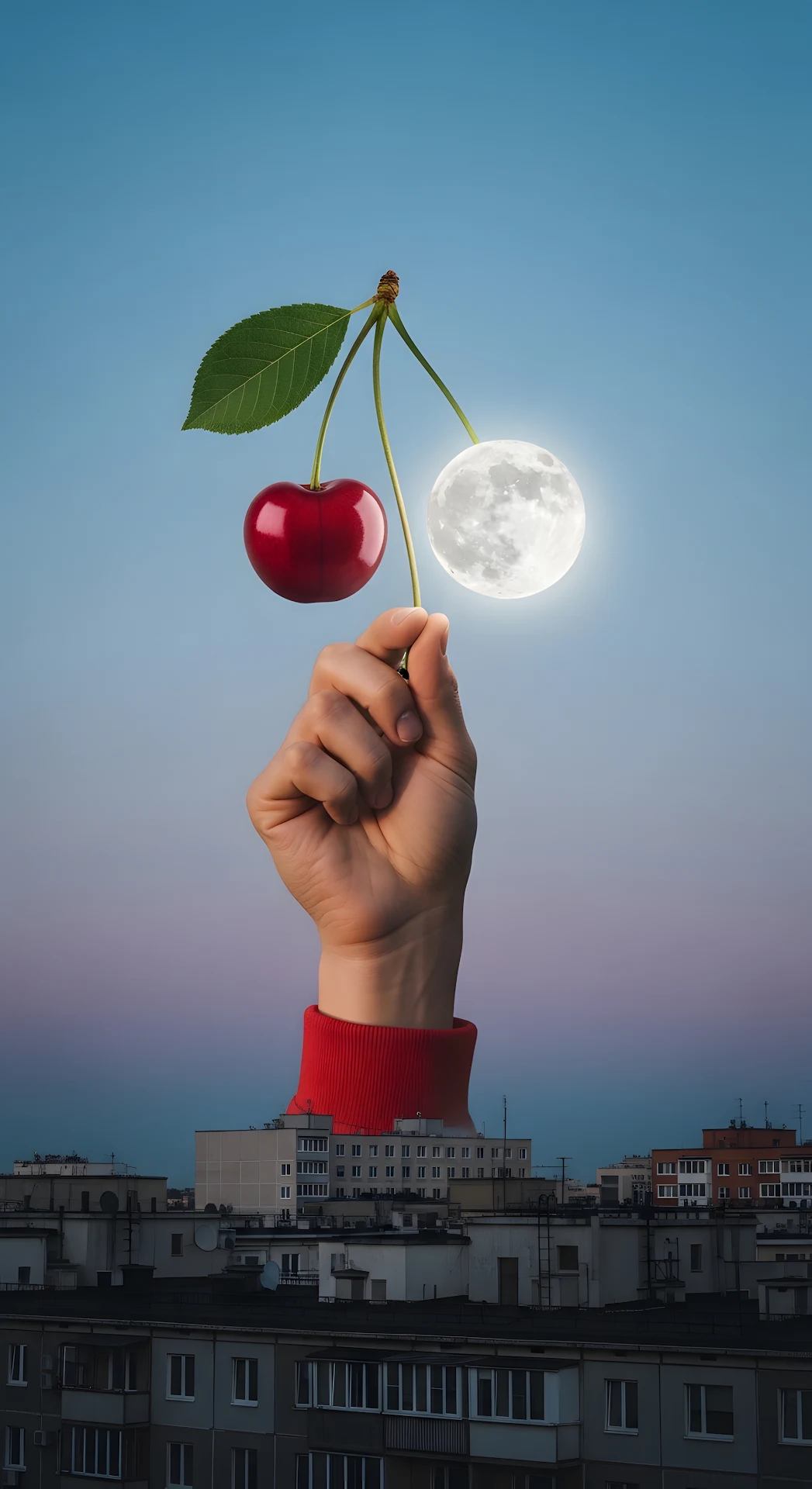 Surreal Conceptual Image of a Giant Hand Holding a Cherry and the Full Moon Above City Rooftops at Dusk - Free 4K mobile Wallpaper