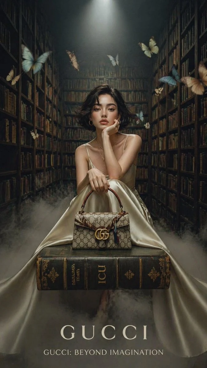 Un editorial de moda de lujo cinematográfico ambientado en una gran biblioteca antigua con altos estantes de madera, niebla tenue...