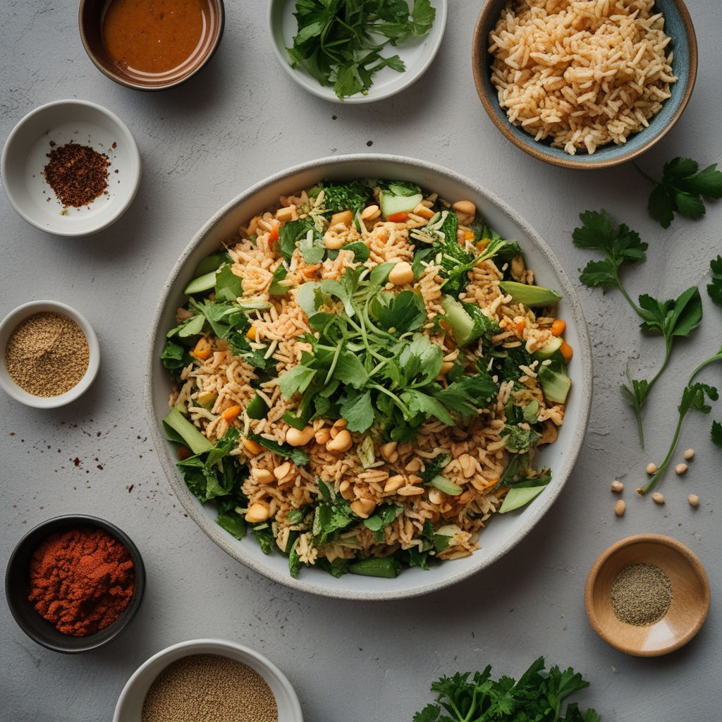 Ingredients for Crispy Rice Salad with Peanut-Chili Dressing Vegan Delight - Easy Flavor-Packed Vegan Meal