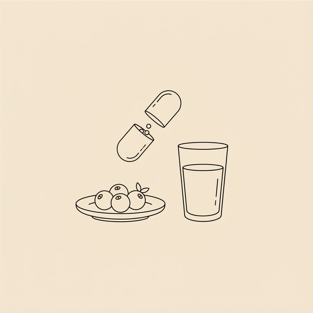 Tonum-style minimalist line illustration of a capsule, small plate with berries, and a water glass on beige background, representing GNC weight loss supplements