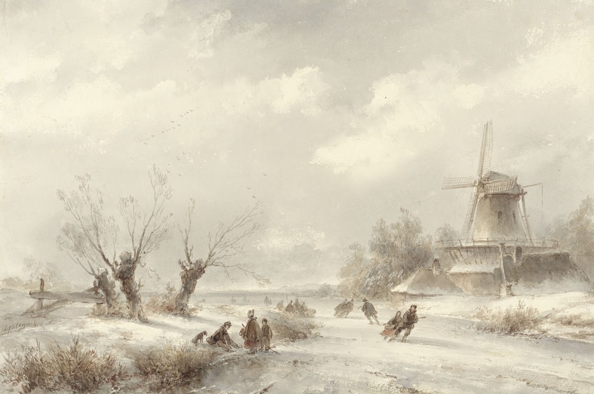 Winterlandschap met schaatsenrijders bij een molen 1827   1897
