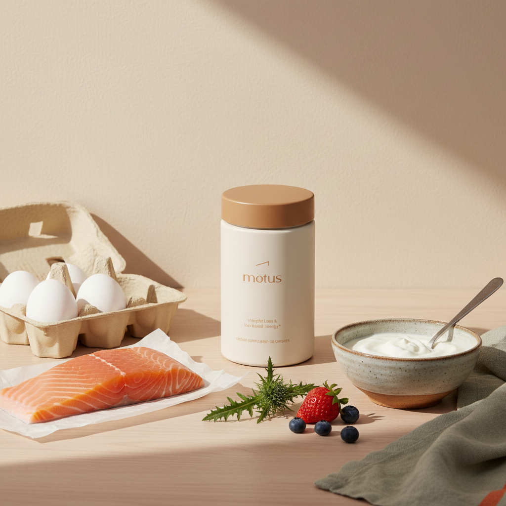 Motus supplement jar on wooden countertop with eggs, salmon, Greek yogurt and milk thistle, illustrating what is best for men to lose weight