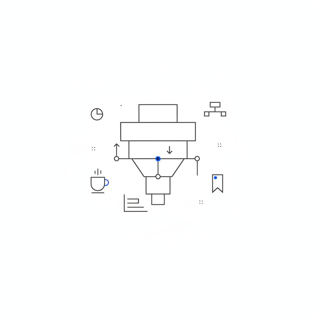 Minimalist vector sketch of a three-tier funnel with tiny cup and bookmark icons on white background, blue accent nodes highlighting key points, conveying Thumbtack charge pros