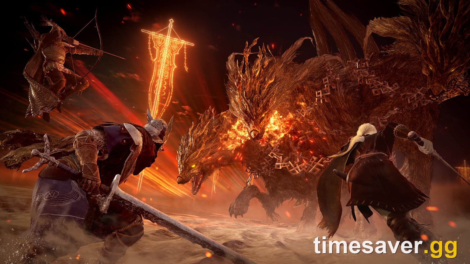 Three Nightfarers fighting a huge three-headed Nightlord together in Elden Ring Nightreign co-op — the support role the Scholar is built for