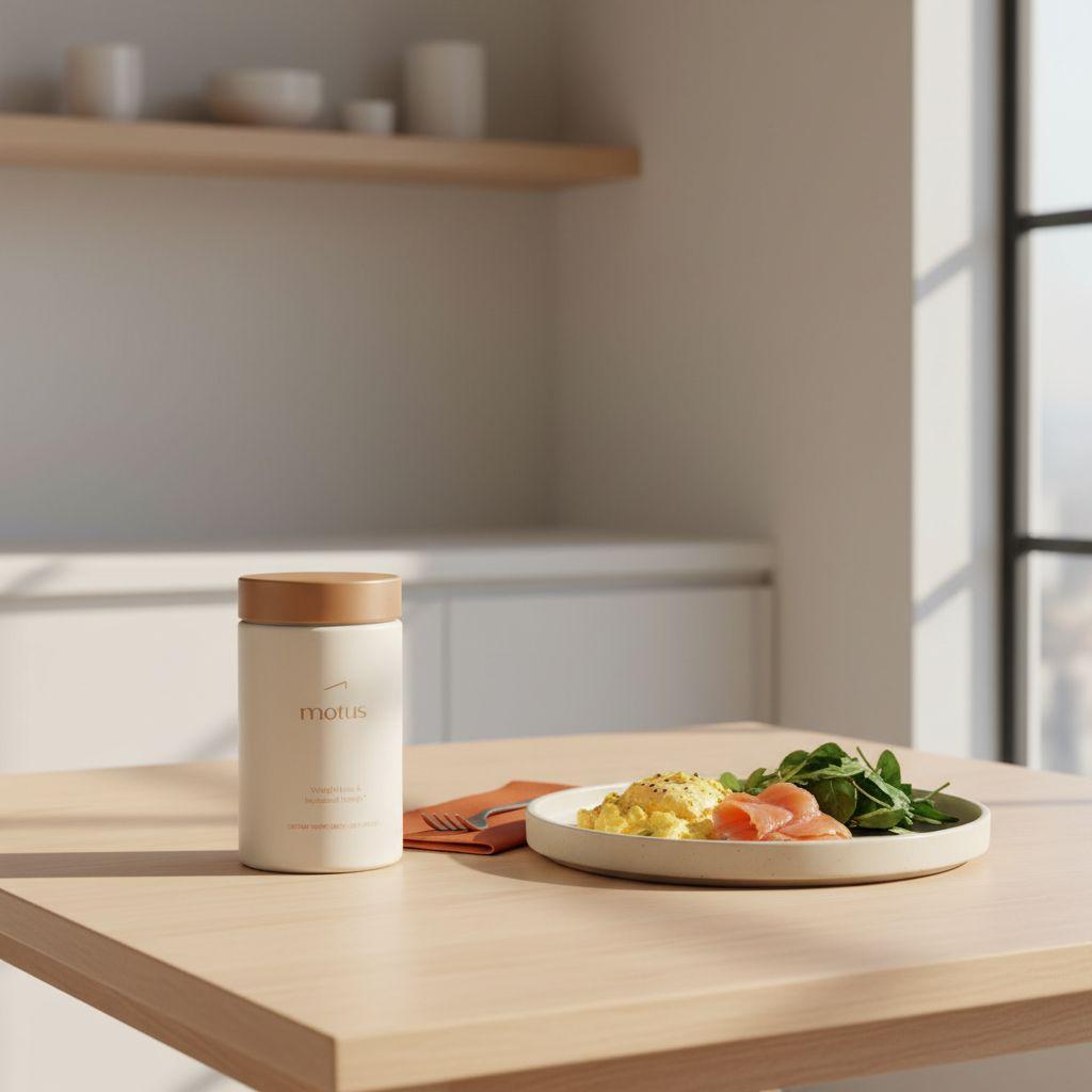 Tonum Motus supplement jar beside a protein-rich breakfast plate with eggs, smoked salmon and greens on a wooden table in a bright kitchen morning scene to illustrate how to speed up my metabolism