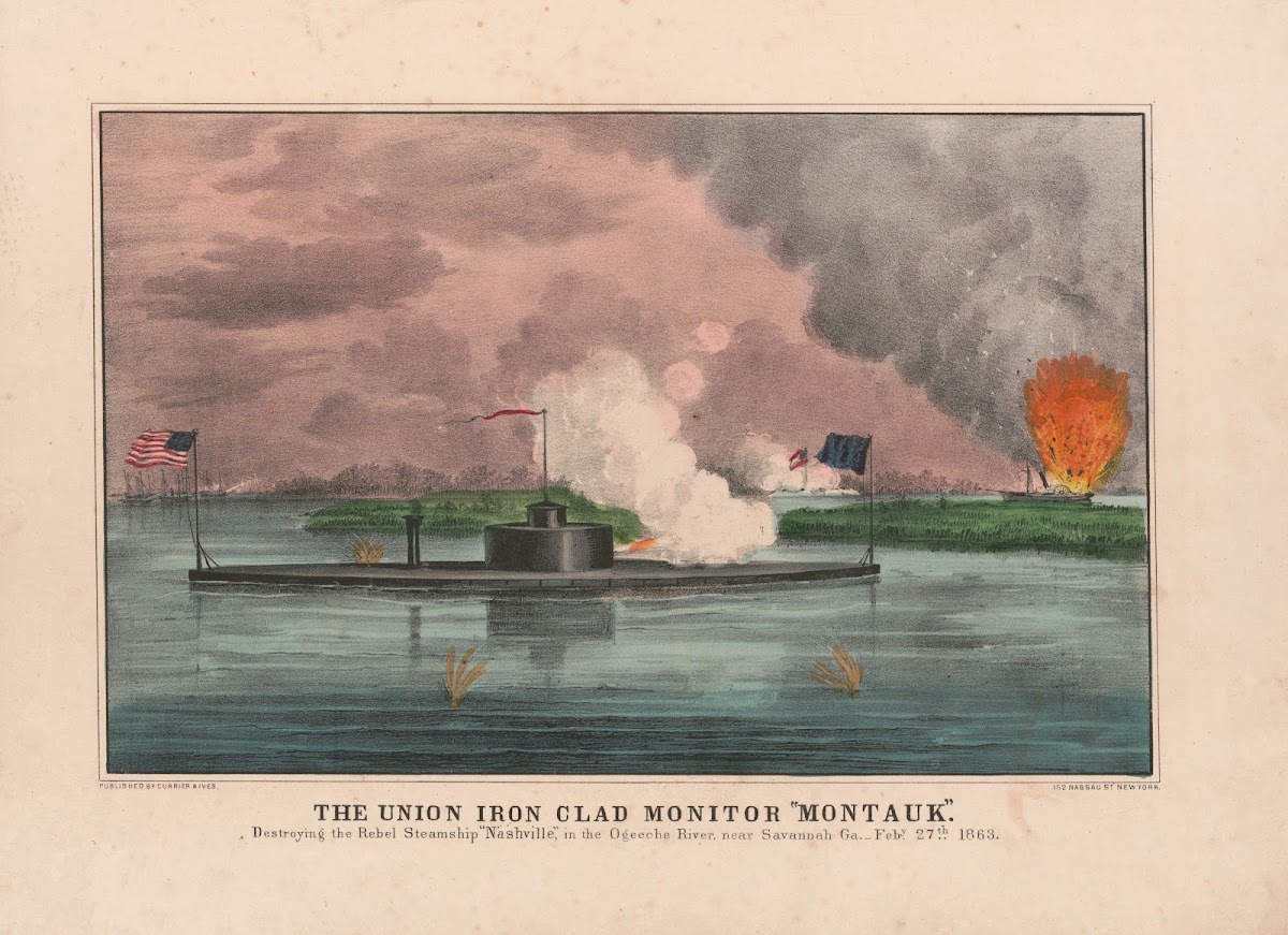 The Union iron clad monitor Montauk destroying the Rebel steamship Nashville in