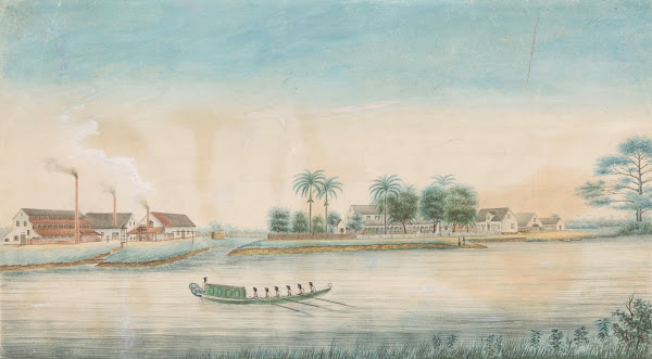 Gezicht op de suikerplantage Catharina Sophia vanaf het water c 1860