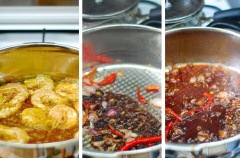 Tôm bóc vỏ giữ lại phần đuôi cho vào chảo dầu nóng chiên sơ qua rồi cho tôm ra đĩa. Đặt chảo trở lại bếp, lượng dầu ăn chỉ để láng chảo. Cho hành tím băm vào phi thơm, tiếp đó thêm ớt chẻ nhỏ vào (độ cay vừa phải mà bạn mong muốn). Thêm 1 muỗng canh nước tương, 1 muỗng canh dầu hào và 1/2 chén nước, đun sôi khoảng 2 phút.