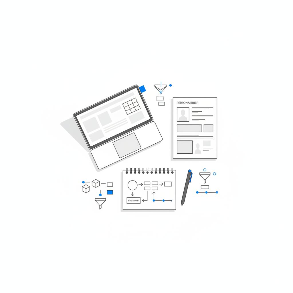Minimal 2D vector flatlay of a clean workspace with a laptop (blank planning doc), printed persona brief, and a pen on a notepad with arrows illustrating the 5 W's of event marketing