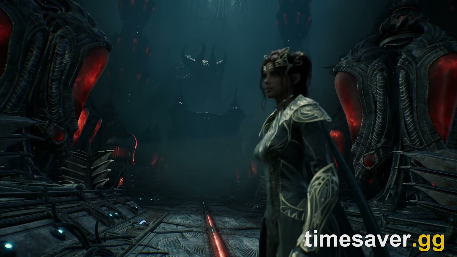 AION 2 boss confrontation in a corrupted arena, rendered in Unreal Engine 5