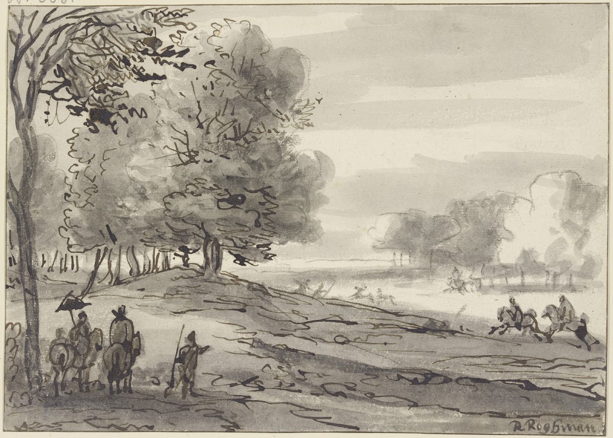 Landschaft mit einer Parforcejagd links eine Dame zu Pferde mit einem Sonnenschi