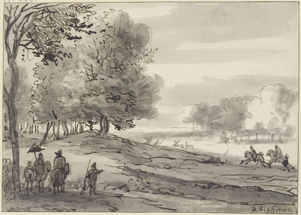 Landschaft mit einer Parforcejagd links eine Dame zu Pferde mit einem Sonnenschi